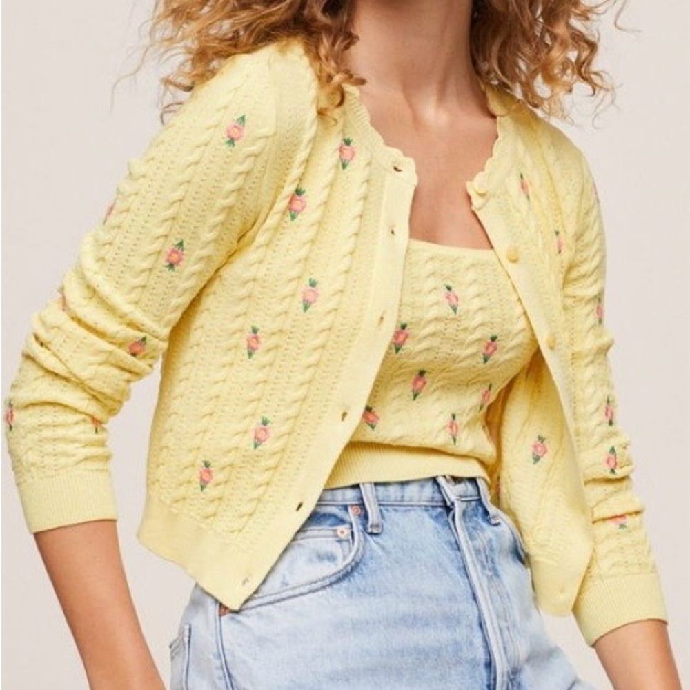 Mango Yellow Floral Embroidery Long Sleeve Cardigan SWEATER ONLY. Medium. NEW.